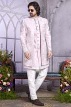 pastel pink Art Silk Indo Western Traditional Sherwani Kurta with Jacket & Pant for Men for Wedding - Embroidery Work