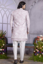 pastel pink Art Silk Indo Western Traditional Sherwani Kurta with Jacket & Pant for Men for Wedding - Embroidery Work