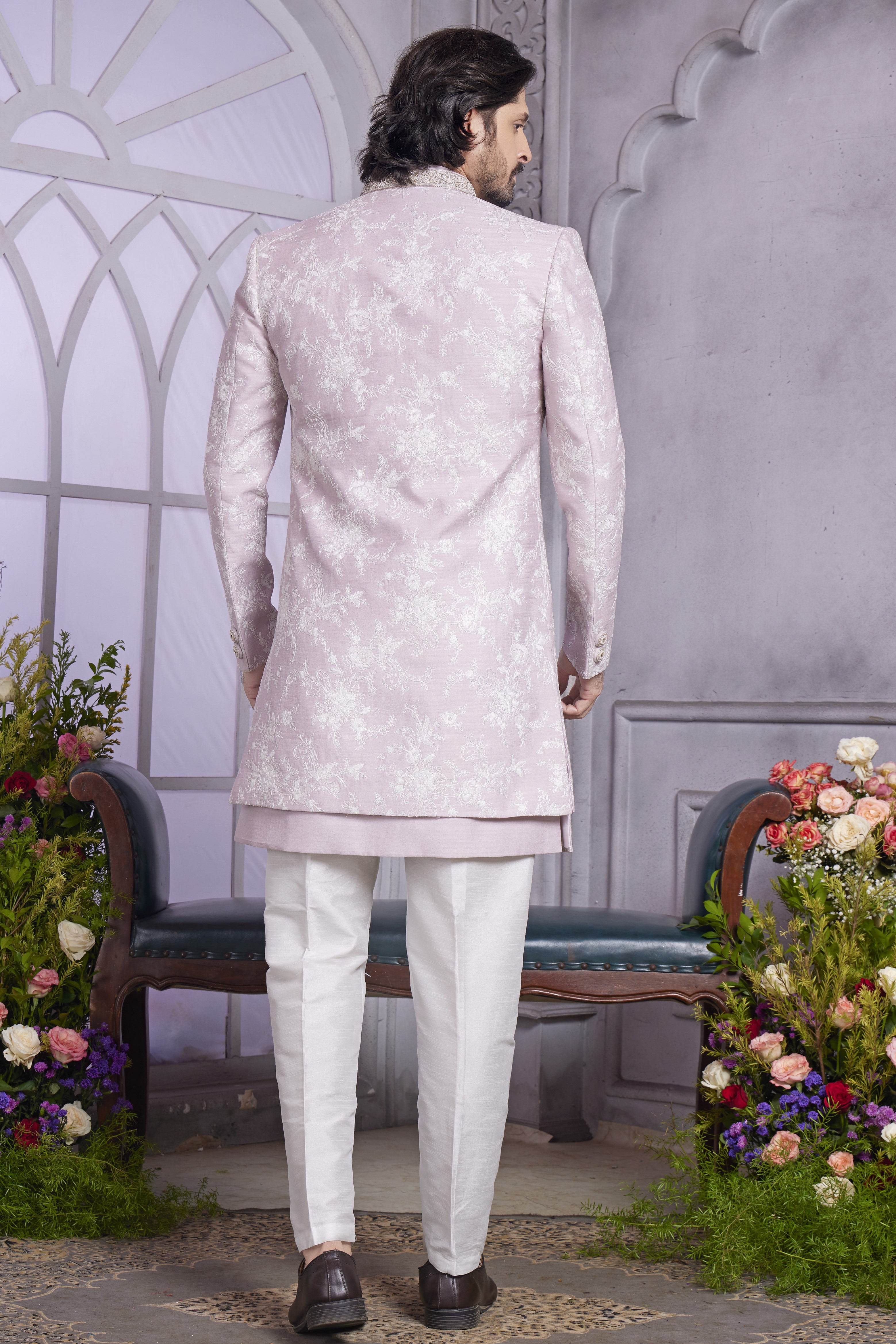 pastel pink Art Silk Indo Western Traditional Sherwani Kurta with Jacket & Pant for Men for Wedding - Embroidery Work