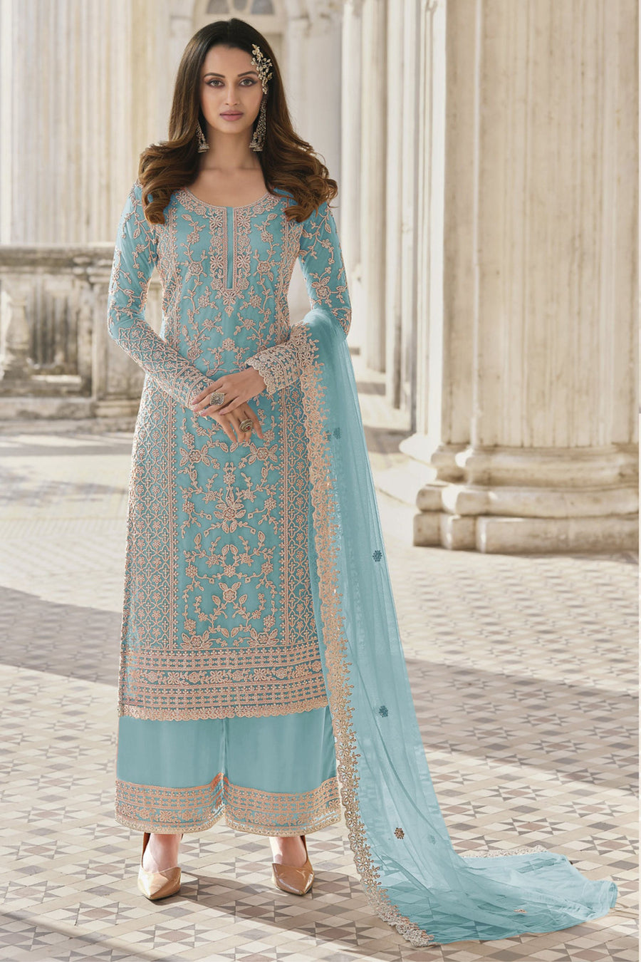 Light Blue Net & Cording Work Salwar Kameez Plazzo Suit For Indian Wedding & Festival - Embroidery Work, Cording Work