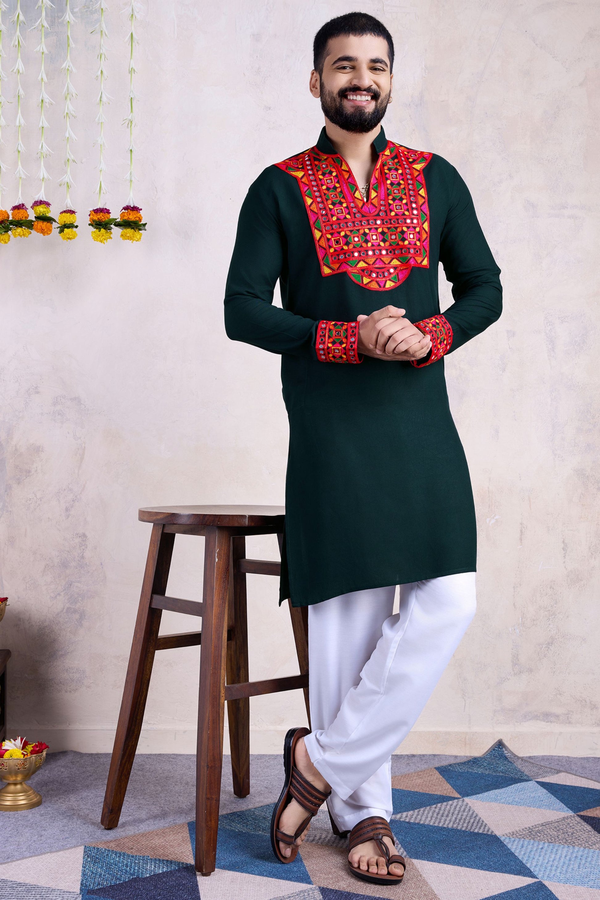 Green Rayon Kurta Pyjama for Men For Navratri Garba Festivals - Embroidery Work, Real Mirror Work