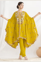 Yellow Chinon Silk Kaftan With Pant For Indian & Pakistani Wedding Festival - Sequins & Thread Embroidery Work