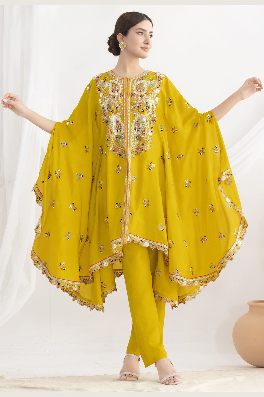Yellow Chinon Silk Kaftan With Pant For Indian & Pakistani Wedding Festival - Sequins & Thread Embroidery Work