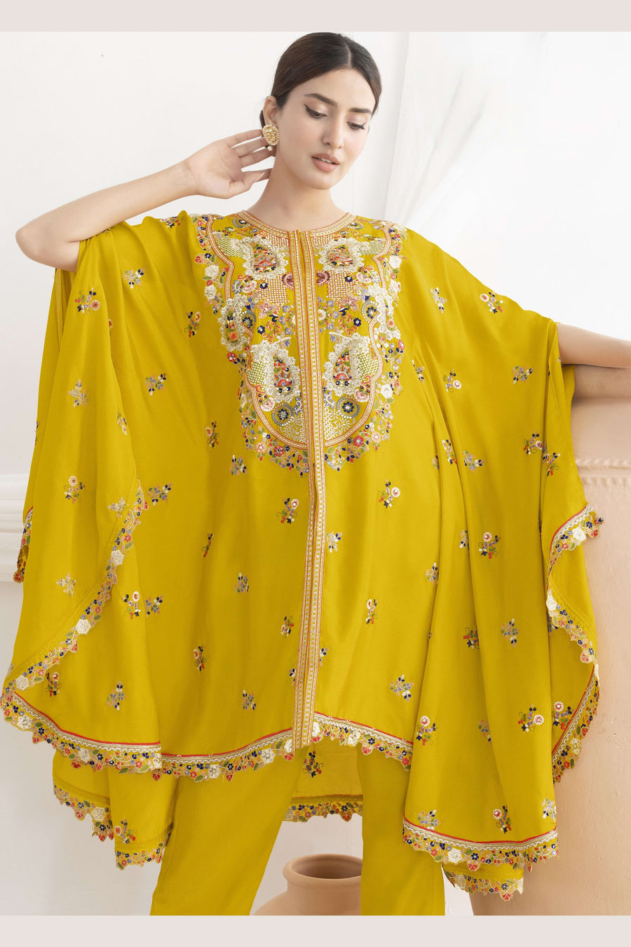 Yellow Chinon Silk Kaftan With Pant For Indian & Pakistani Wedding Festival - Sequins & Thread Embroidery Work