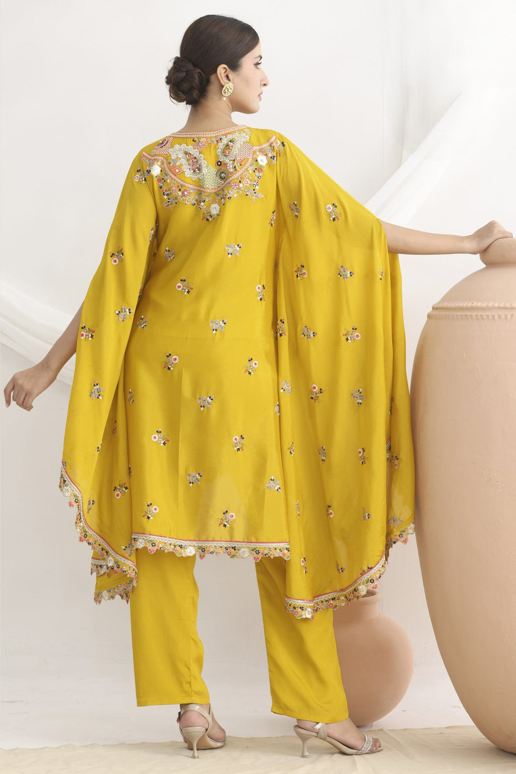 Yellow Chinon Silk Kaftan With Pant For Indian & Pakistani Wedding Festival - Sequins & Thread Embroidery Work
