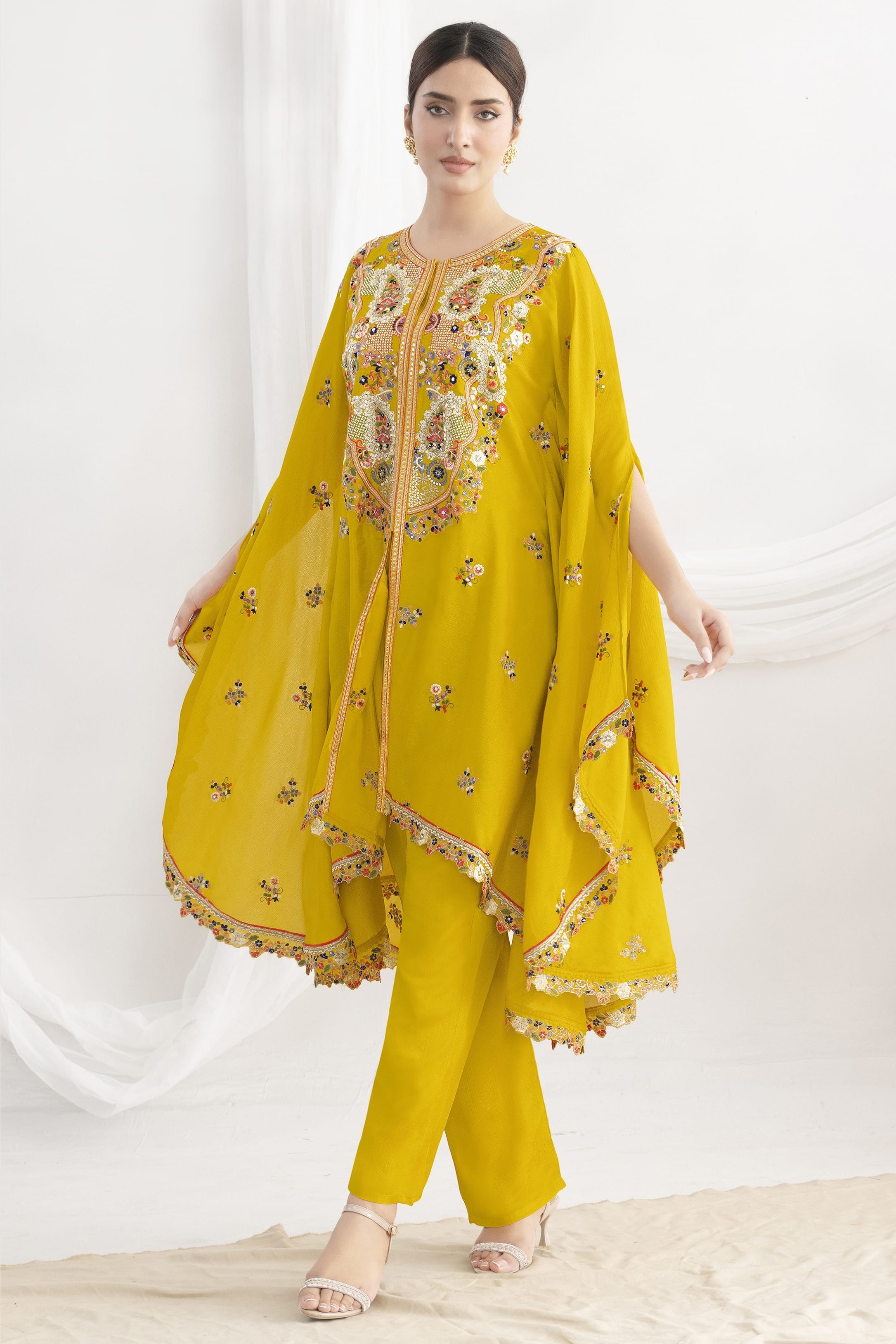 Yellow Chinon Silk Kaftan With Pant For Indian & Pakistani Wedding Festival - Sequins & Thread Embroidery Work