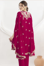 Reddish Pink Chinon Silk Kaftan With Pant For Indian & Pakistani Wedding Festival - Sequins & Thread Embroidery Work