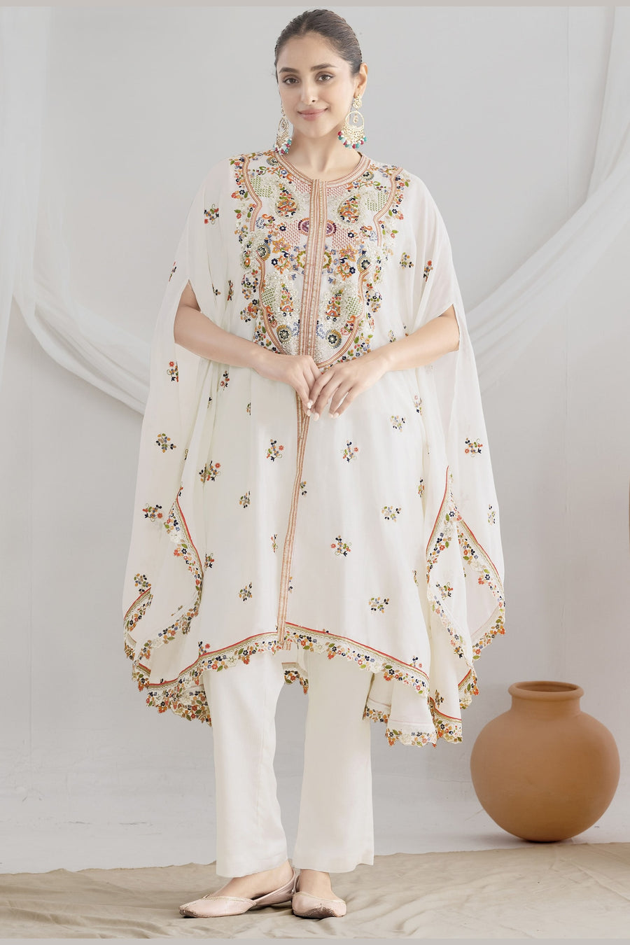White Chinon Silk Kaftan With Pant For Indian & Pakistani Wedding Festival - Sequins & Thread Embroidery Work