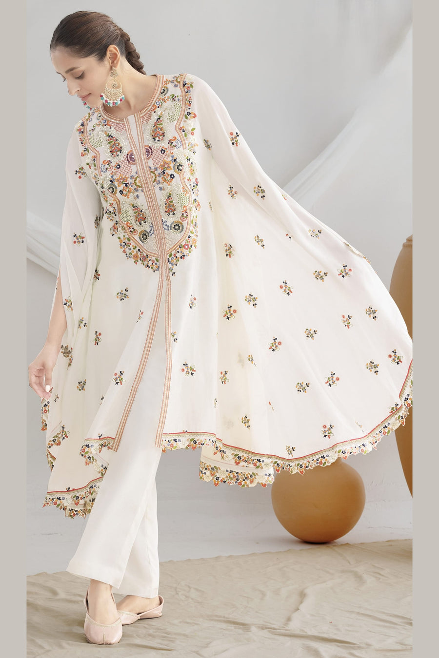 White Chinon Silk Kaftan With Pant For Indian & Pakistani Wedding Festival - Sequins & Thread Embroidery Work