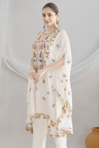 White Chinon Silk Kaftan With Pant For Indian & Pakistani Wedding Festival - Sequins & Thread Embroidery Work