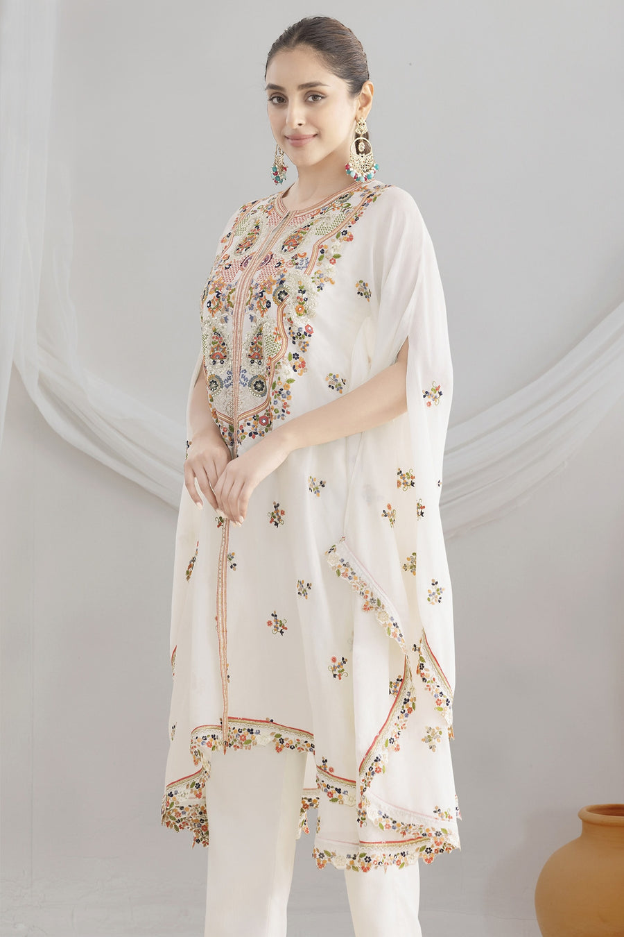 White Chinon Silk Kaftan With Pant For Indian & Pakistani Wedding Festival - Sequins & Thread Embroidery Work