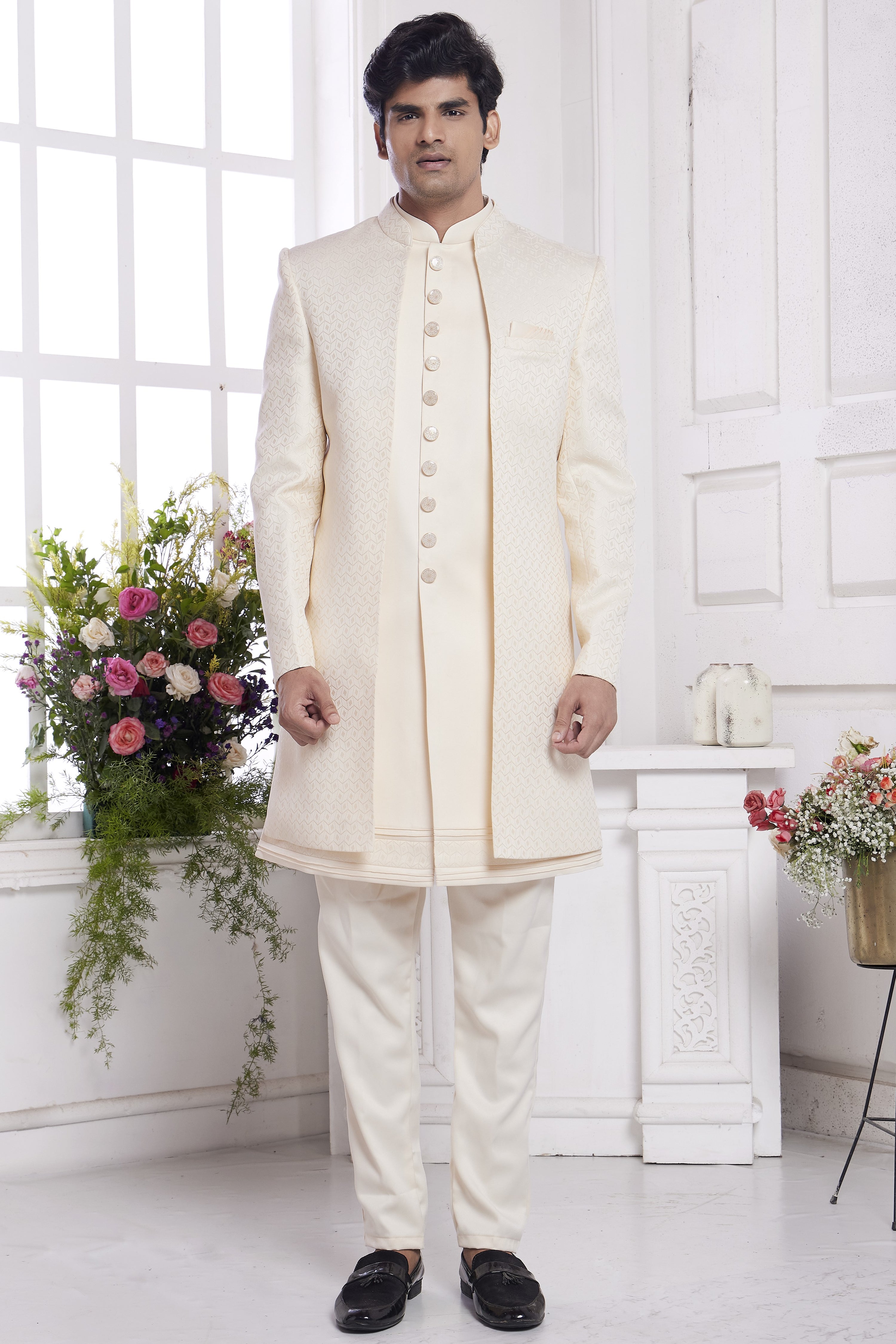 Cream Jacquard Silk Indo Western Traditional Sherwani Kurta with Jacket & Pant for Men for Wedding - Embroidery Work