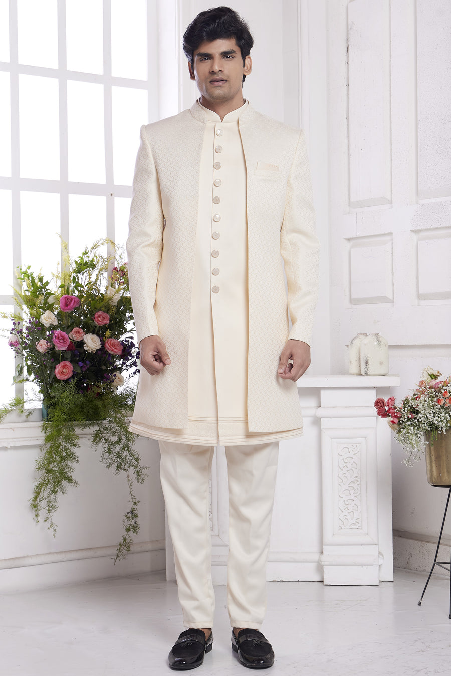 Cream Jacquard Silk Indo Western Traditional Sherwani Kurta with Jacket & Pant for Men for Wedding - Embroidery Work
