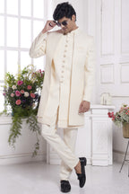 Cream Jacquard Silk Indo Western Traditional Sherwani Kurta with Jacket & Pant for Men for Wedding - Embroidery Work