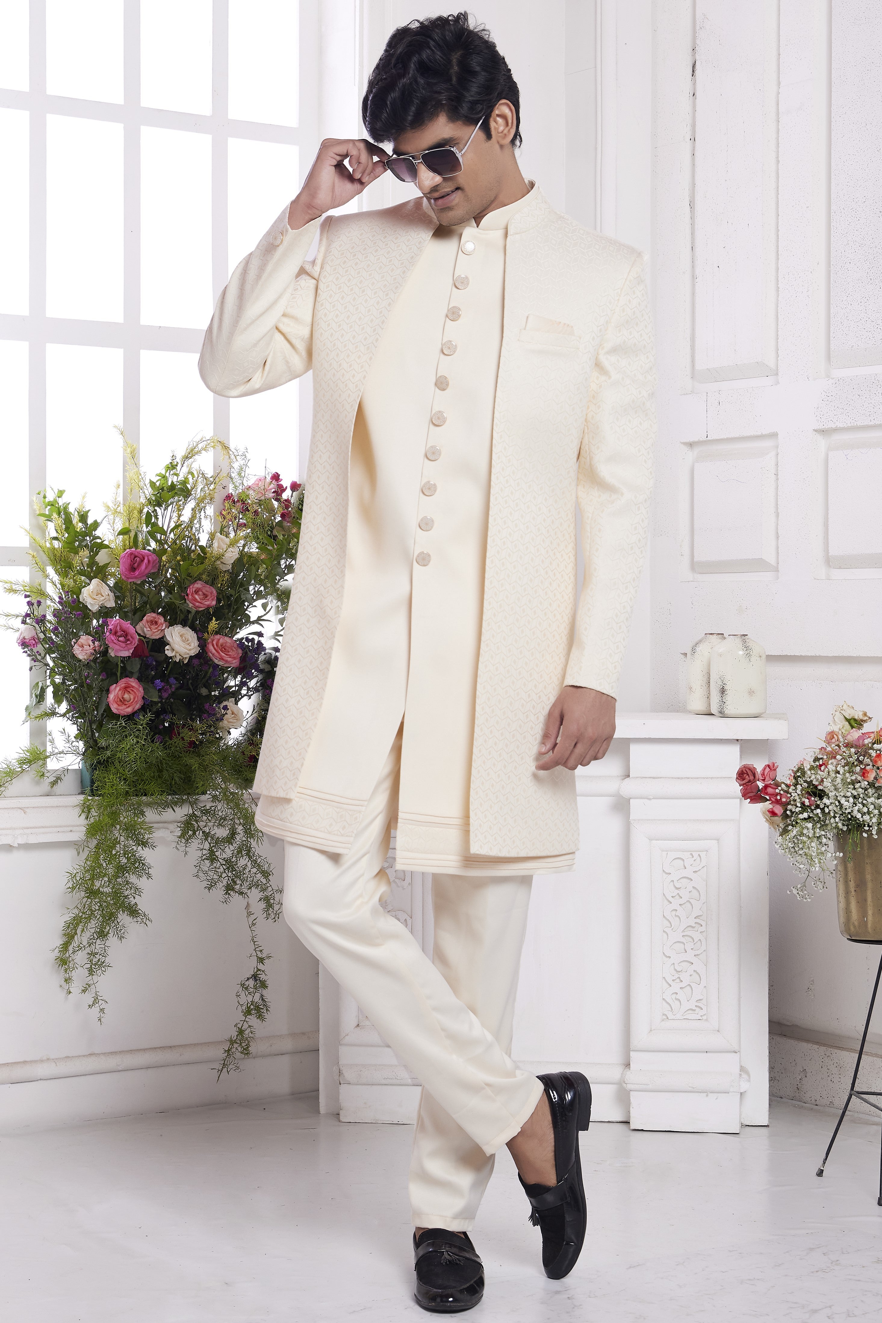 Cream Jacquard Silk Indo Western Traditional Sherwani Kurta with Jacket & Pant for Men for Wedding - Embroidery Work