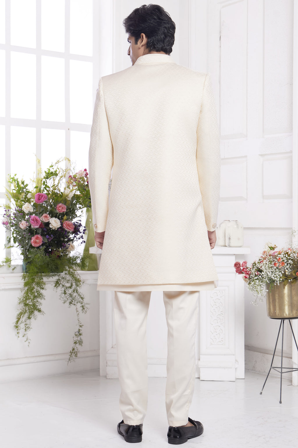 Cream Jacquard Silk Indo Western Traditional Sherwani Kurta with Jacket & Pant for Men for Wedding - Embroidery Work