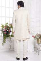 Cream Jacquard Silk Indo Western Traditional Sherwani Kurta with Jacket & Pant for Men for Wedding - Embroidery Work