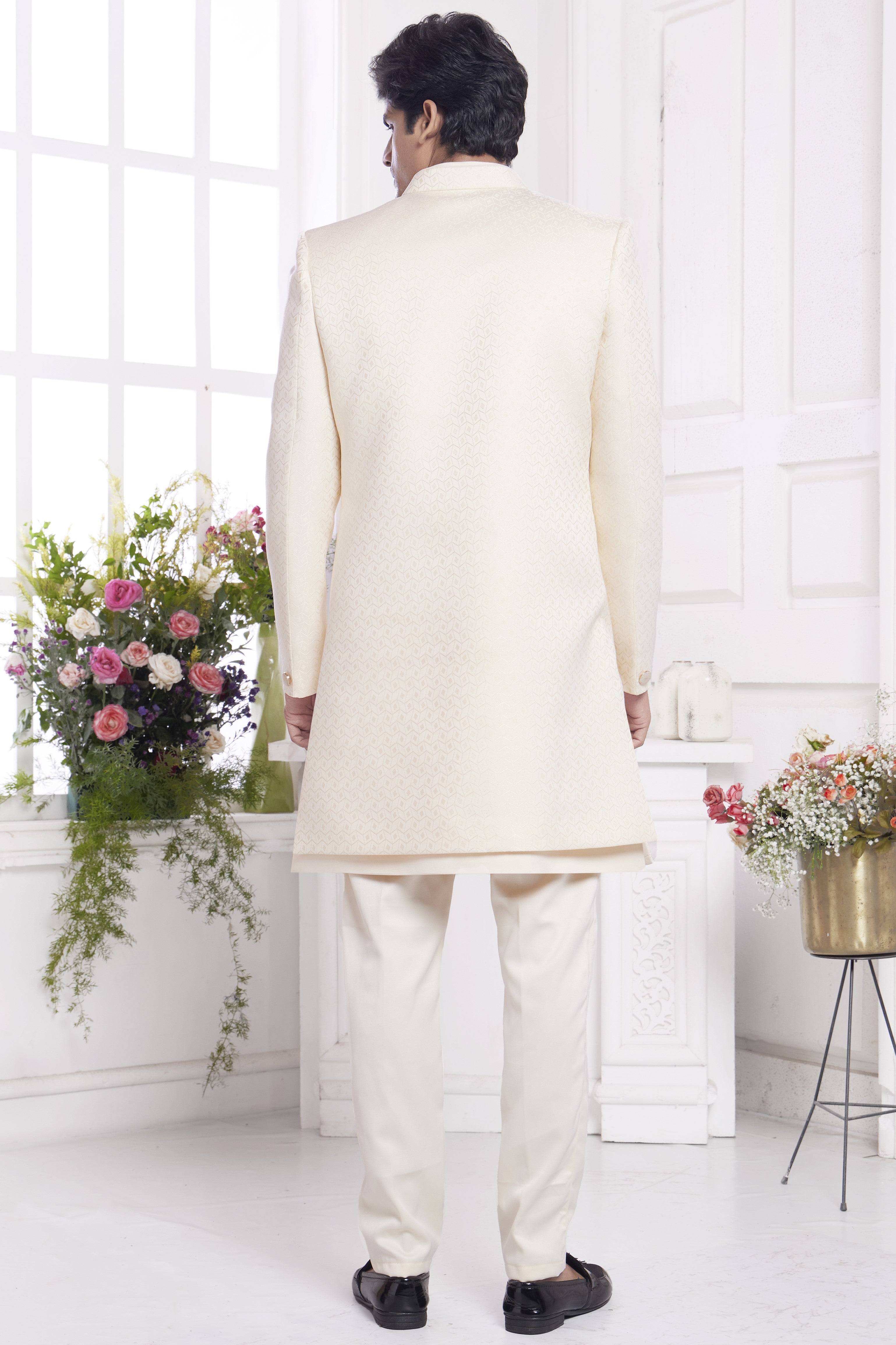 Cream Jacquard Silk Indo Western Traditional Sherwani Kurta with Jacket & Pant for Men for Wedding - Embroidery Work
