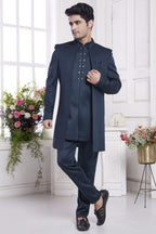 Dark Blue Jacquard Silk Indo Western Traditional Sherwani Kurta with Jacket & Pant for Men for Wedding - Embroidery Work