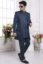 Dark Blue Jacquard Silk Indo Western Traditional Sherwani Kurta with Jacket & Pant for Men for Wedding - Embroidery Work