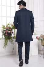 Dark Blue Jacquard Silk Indo Western Traditional Sherwani Kurta with Jacket & Pant for Men for Wedding - Embroidery Work