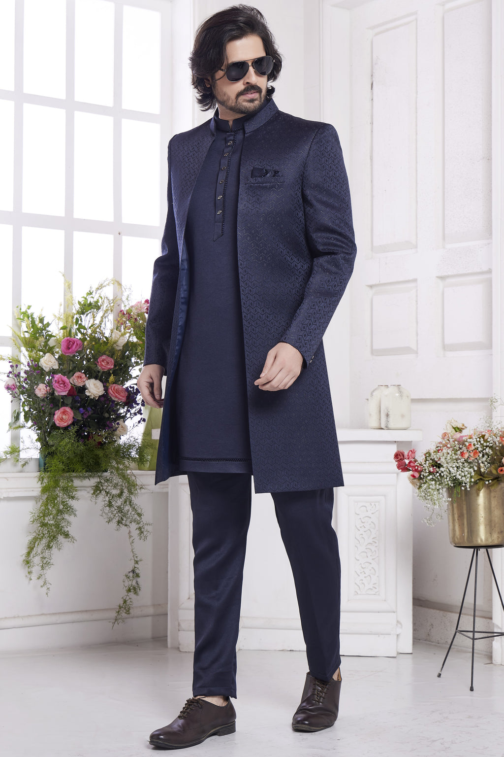 Dark Purple Jacquard Silk Indo Western Traditional Sherwani Kurta with Jacket & Pant for Men for Wedding - Embroidery Work