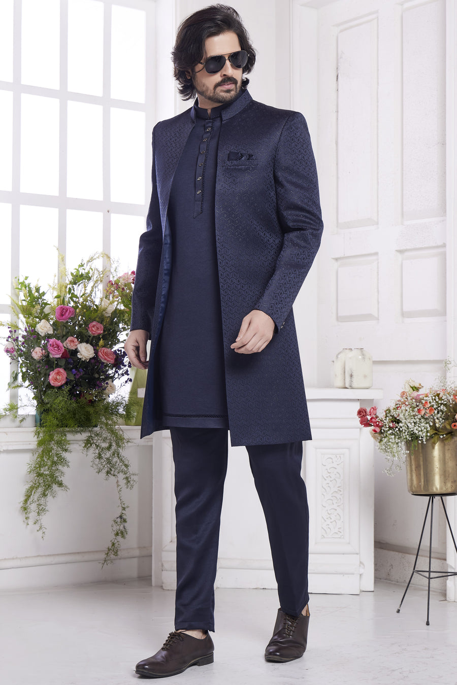 Dark Purple Jacquard Silk Indo Western Traditional Sherwani Kurta with Jacket & Pant for Men for Wedding - Embroidery Work