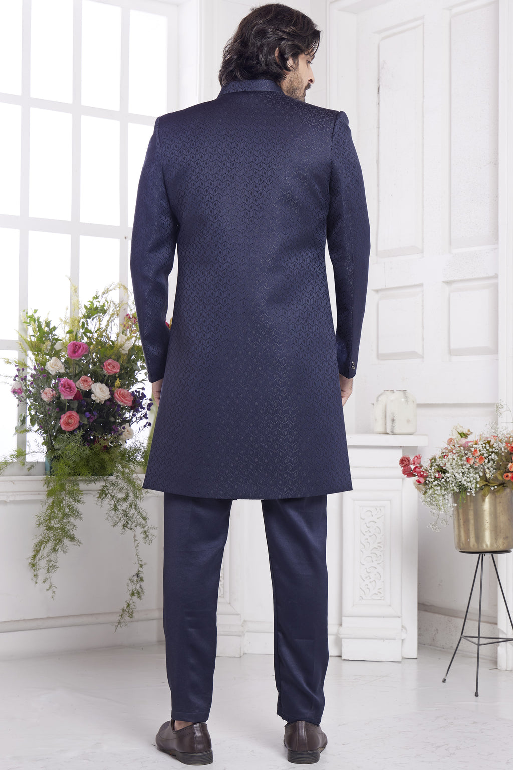 Dark Purple Jacquard Silk Indo Western Traditional Sherwani Kurta with Jacket & Pant for Men for Wedding - Embroidery Work