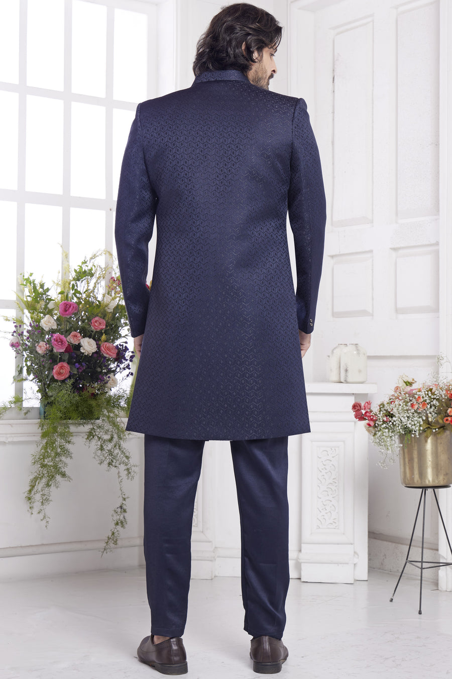 Dark Purple Jacquard Silk Indo Western Traditional Sherwani Kurta with Jacket & Pant for Men for Wedding - Embroidery Work