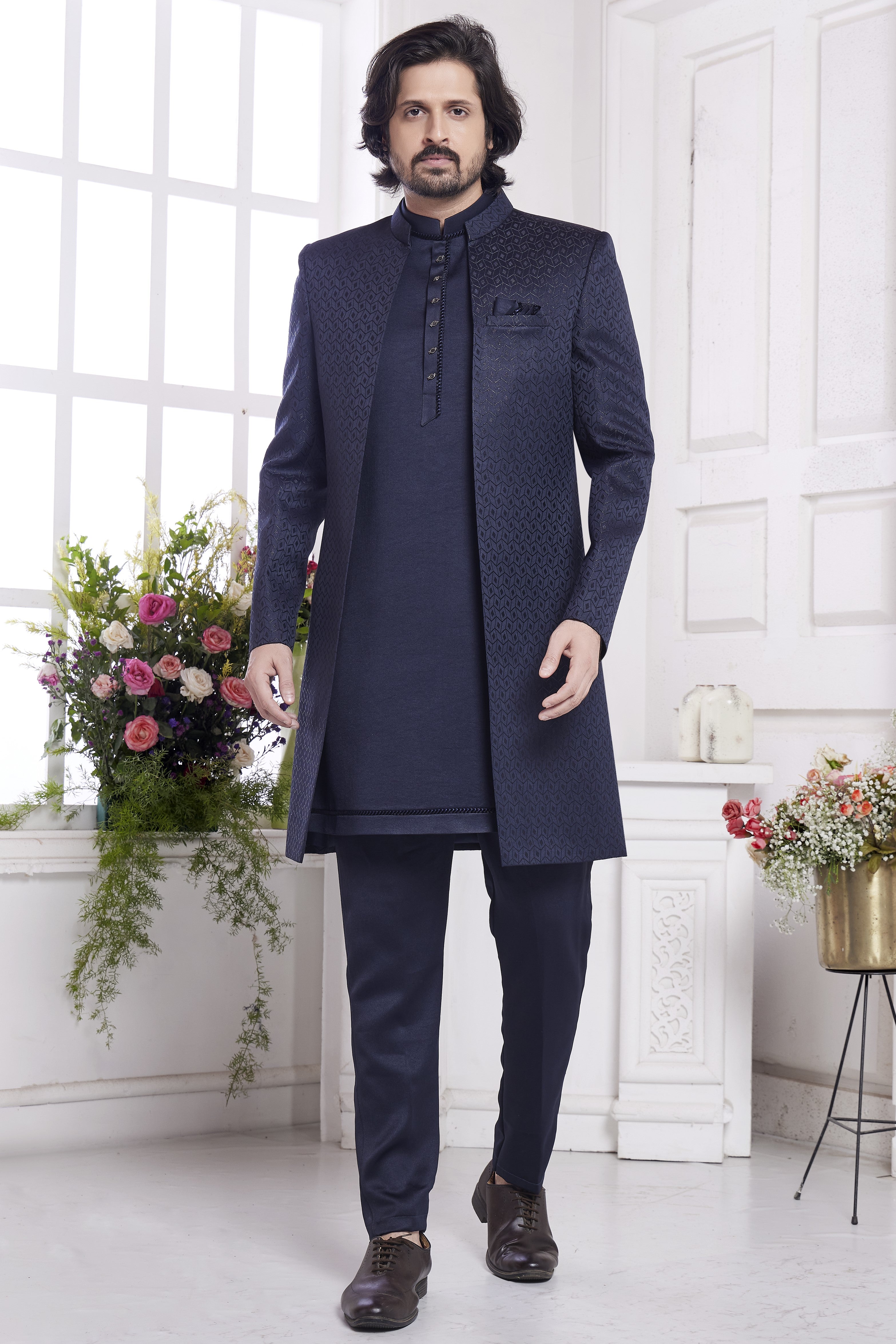 Dark Purple Jacquard Silk Indo Western Traditional Sherwani Kurta with Jacket & Pant for Men for Wedding - Embroidery Work