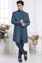 Dark Teal Jacquard Silk Indo Western Traditional Sherwani Kurta with Jacket & Pant for Men for Wedding - Embroidery Work