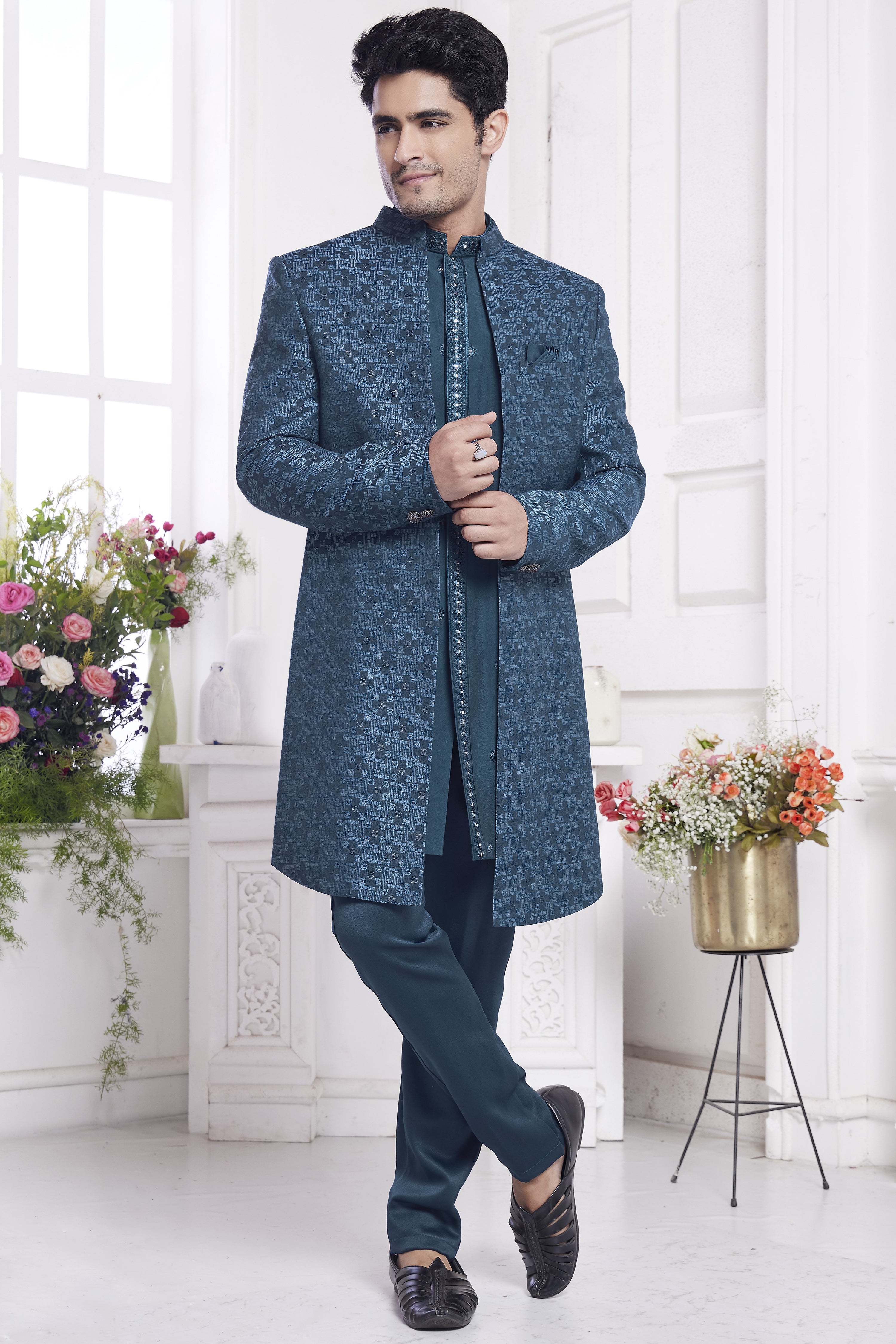 Dark Teal Jacquard Silk Indo Western Traditional Sherwani Kurta with Jacket & Pant for Men for Wedding - Embroidery Work