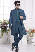 Dark Teal Jacquard Silk Indo Western Traditional Sherwani Kurta with Jacket & Pant for Men for Wedding - Embroidery Work