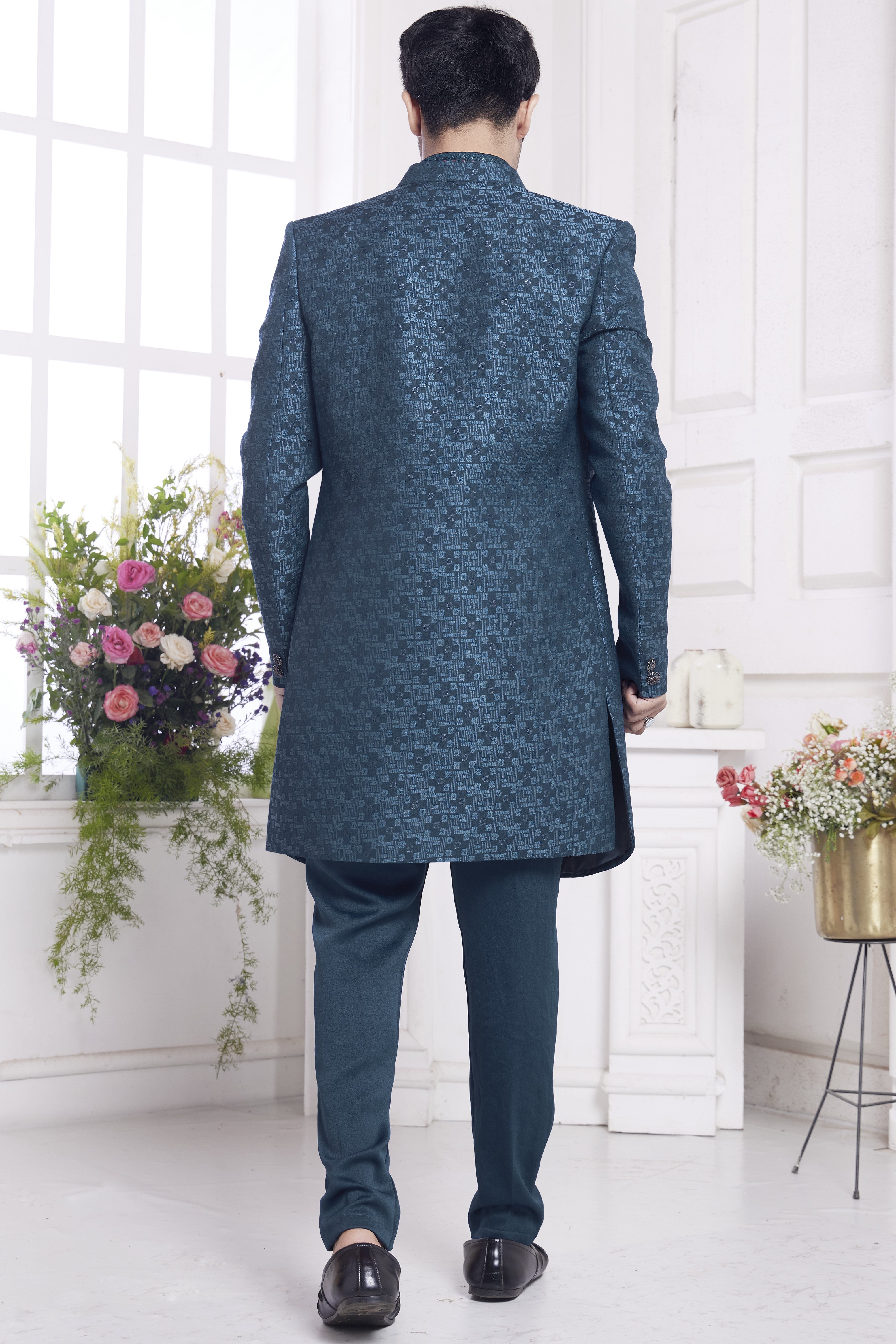 Dark Teal Jacquard Silk Indo Western Traditional Sherwani Kurta with Jacket & Pant for Men for Wedding - Embroidery Work