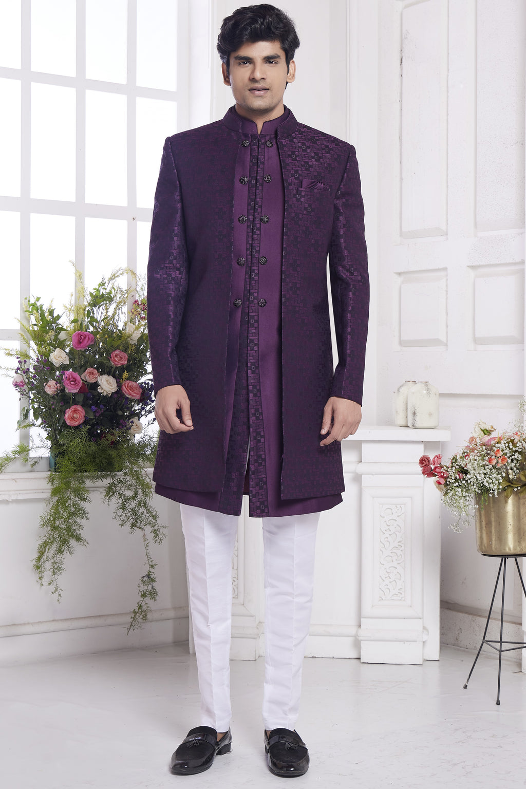 Dark Purple Jacquard Silk Indo Western Traditional Sherwani Kurta with Jacket & Pant for Men for Wedding - Embroidery Work