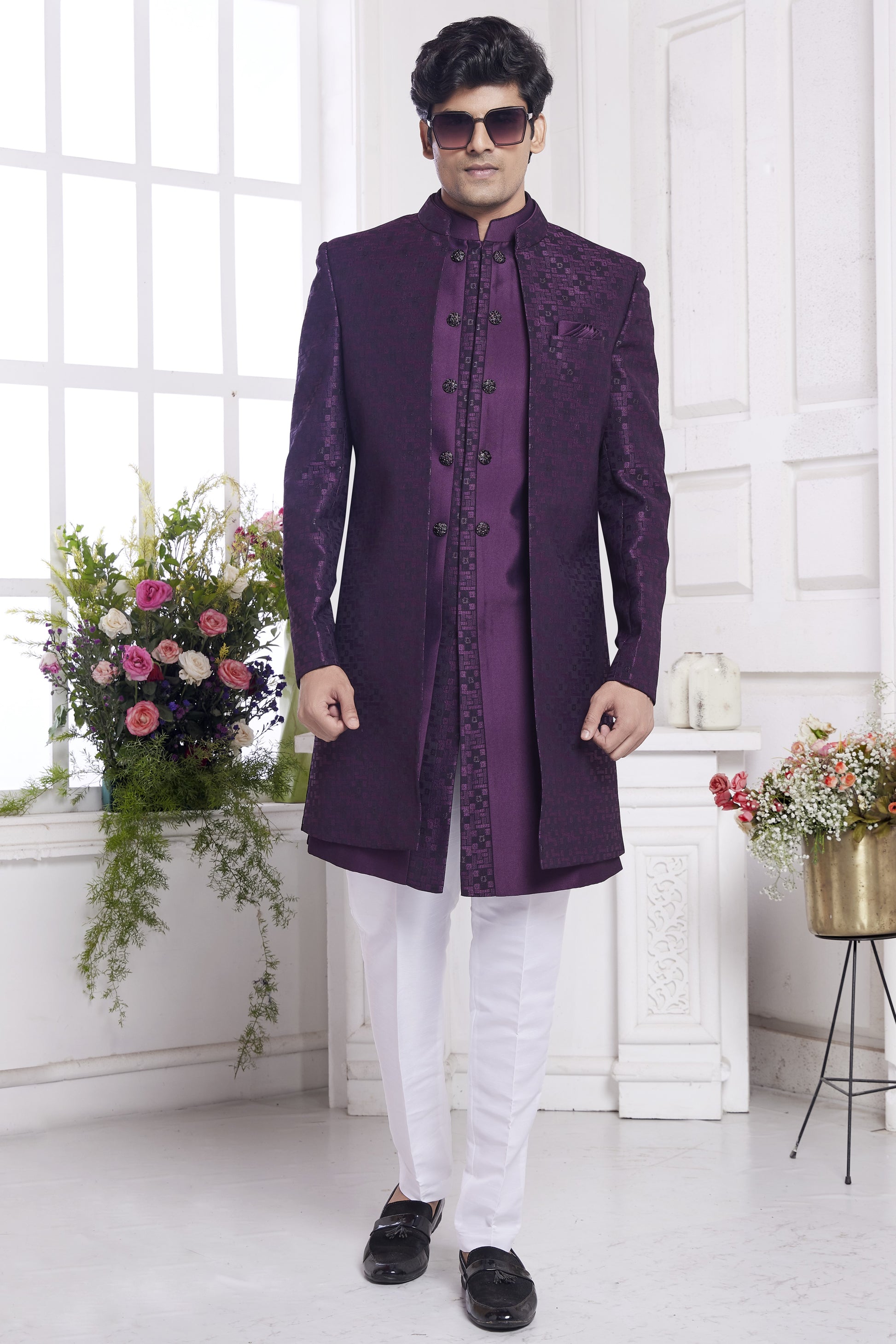 Dark Purple Jacquard Silk Indo Western Traditional Sherwani Kurta with Jacket Pant for Men for Wedding Embroidery Work
