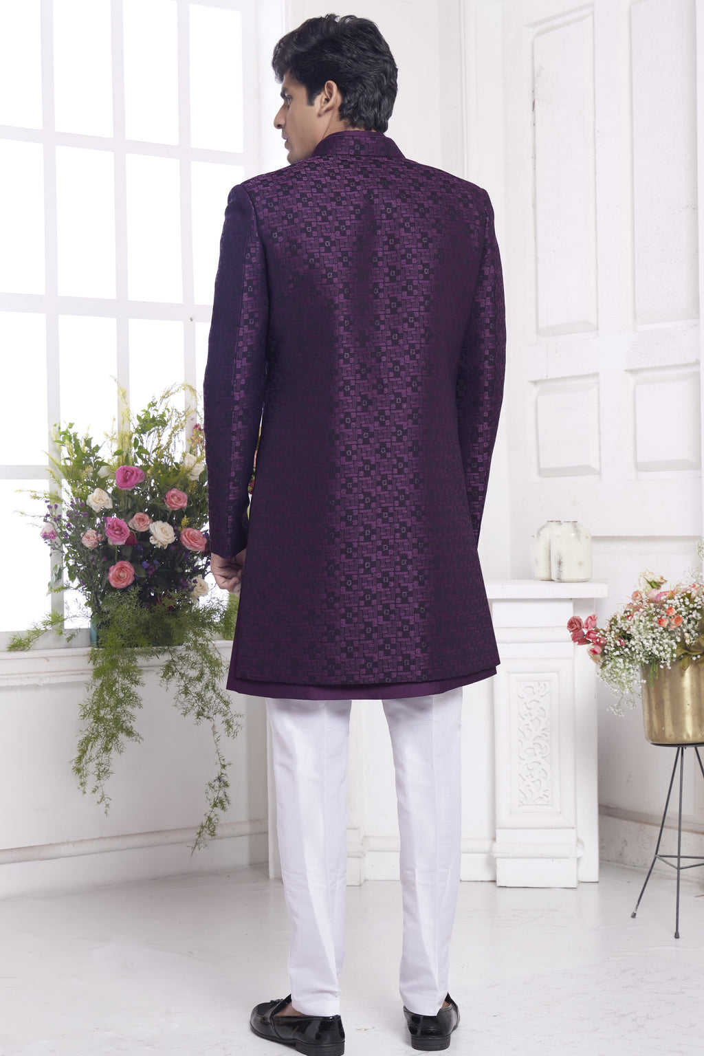 Dark Purple Jacquard Silk Indo Western Traditional Sherwani Kurta with Jacket & Pant for Men for Wedding - Embroidery Work
