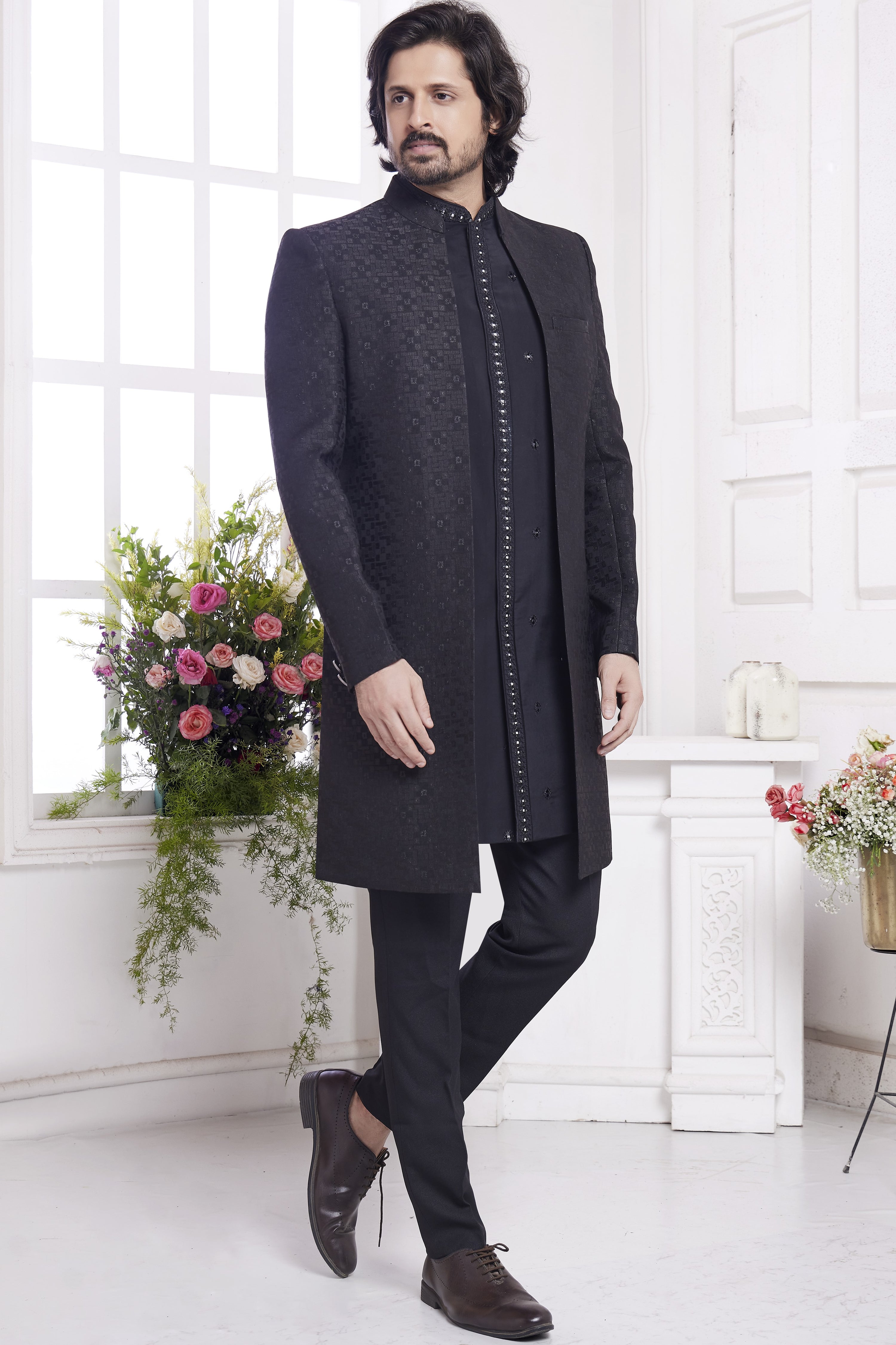 Black Jacquard Silk Indo Western Traditional Sherwani Kurta with Jacket & Pant for Men for Wedding - Embroidery Work
