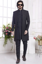 Black Jacquard Silk Indo Western Traditional Sherwani Kurta with Jacket & Pant for Men for Wedding - Embroidery Work