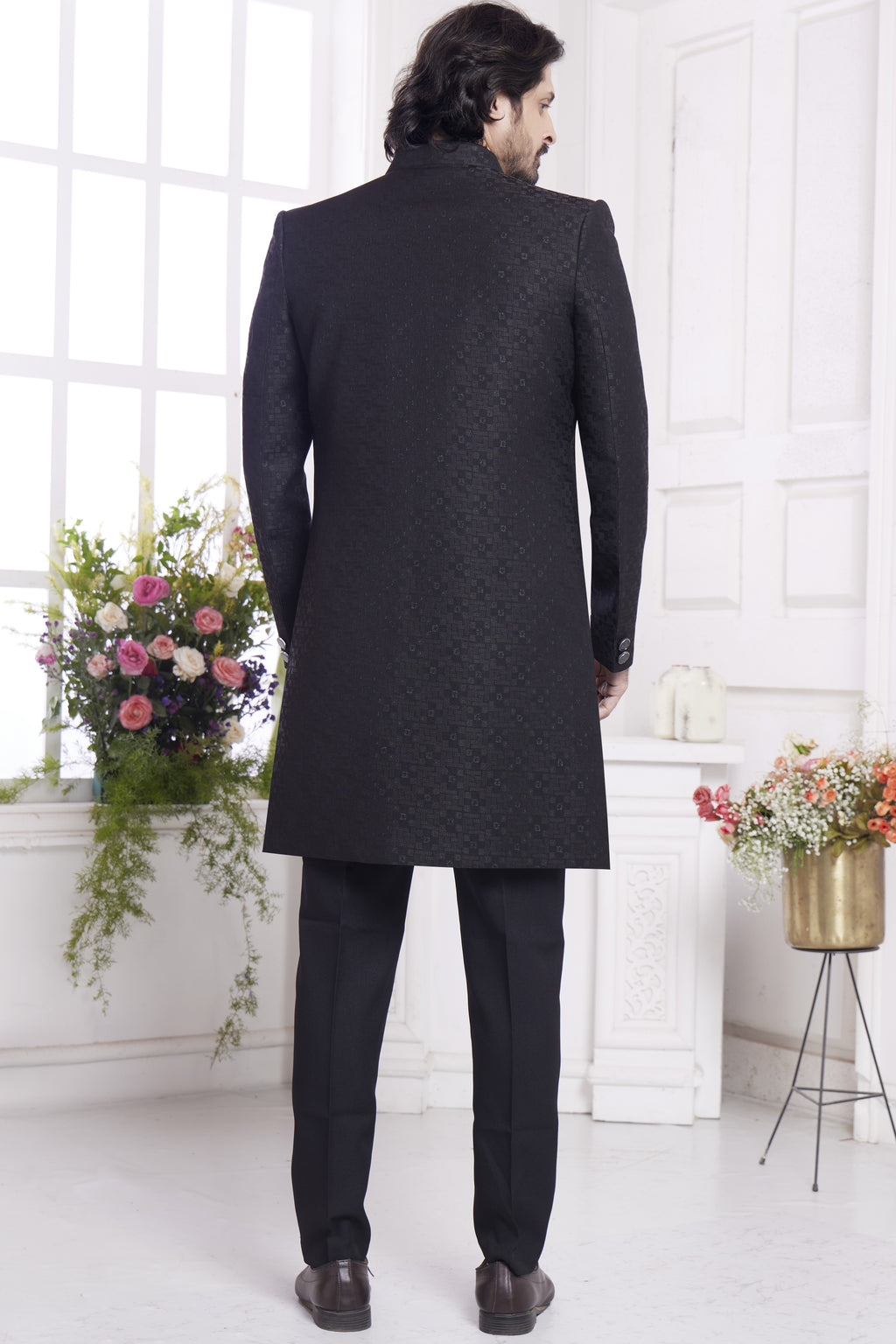 Black Jacquard Silk Indo Western Traditional Sherwani Kurta with Jacket & Pant for Men for Wedding - Embroidery Work