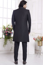 Black Jacquard Silk Indo Western Traditional Sherwani Kurta with Jacket & Pant for Men for Wedding - Embroidery Work