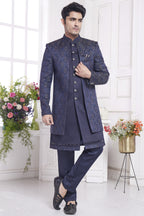 Navy Blue Jacquard Silk Indo Western Traditional Sherwani Kurta with Jacket & Pant for Men for Wedding - Embroidery Work