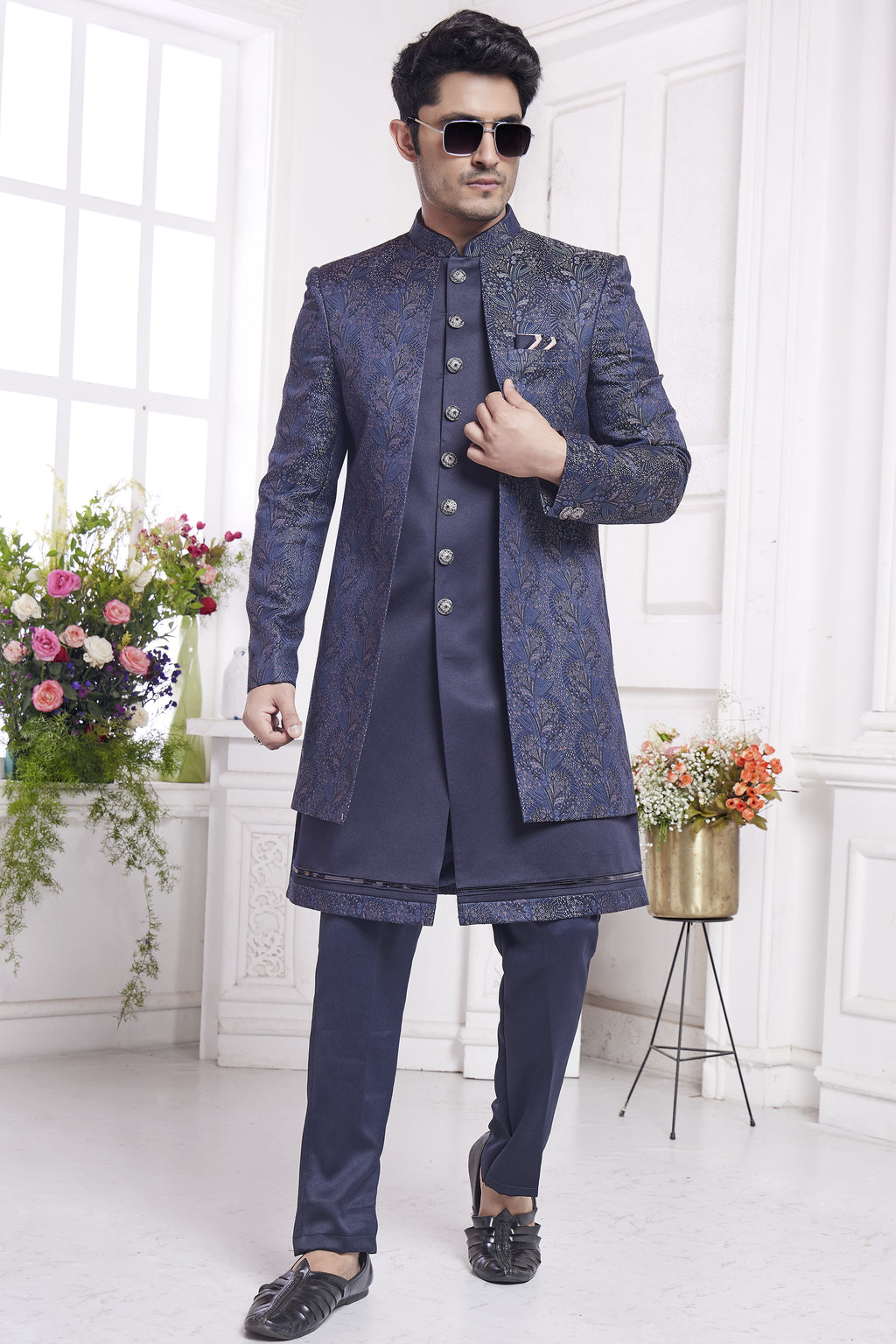 Navy Blue Jacquard Silk Indo Western Traditional Sherwani Kurta with Jacket & Pant for Men for Wedding - Embroidery Work