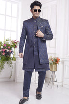 Navy Blue Jacquard Silk Indo Western Traditional Sherwani Kurta with Jacket & Pant for Men for Wedding - Embroidery Work