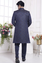 Navy Blue Jacquard Silk Indo Western Traditional Sherwani Kurta with Jacket & Pant for Men for Wedding - Embroidery Work