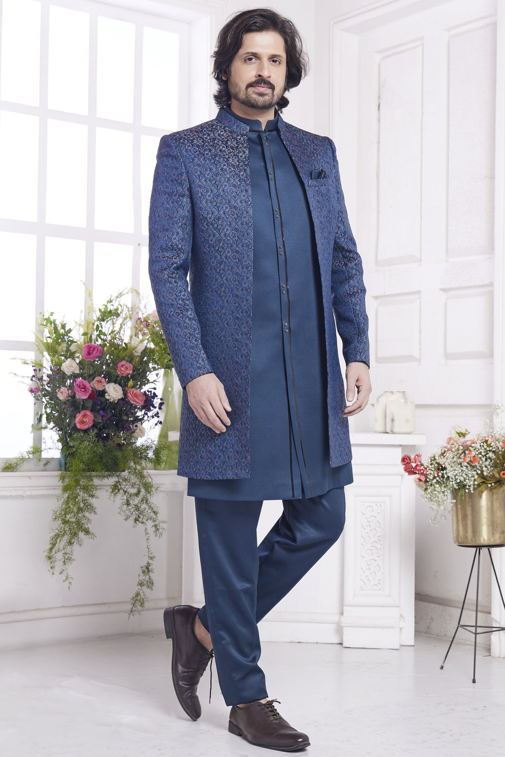 Navy Blue Jacquard Silk Indo Western Traditional Sherwani Kurta with Jacket & Pant for Men for Wedding - Embroidery Work