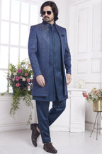 Navy Blue Jacquard Silk Indo Western Traditional Sherwani Kurta with Jacket & Pant for Men for Wedding - Embroidery Work