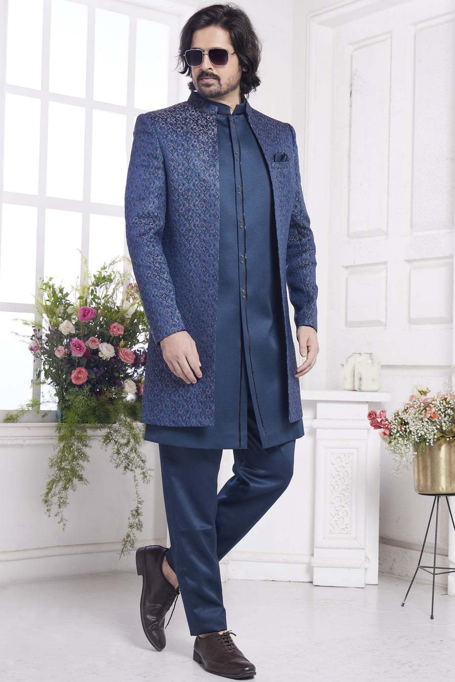 Navy Blue Jacquard Silk Indo Western Traditional Sherwani Kurta with Jacket & Pant for Men for Wedding - Embroidery Work