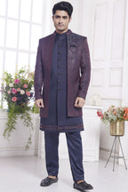 Burgundy Jacquard Silk Indo Western Traditional Sherwani Kurta with Jacket & Pant for Men for Wedding - Embroidery Work