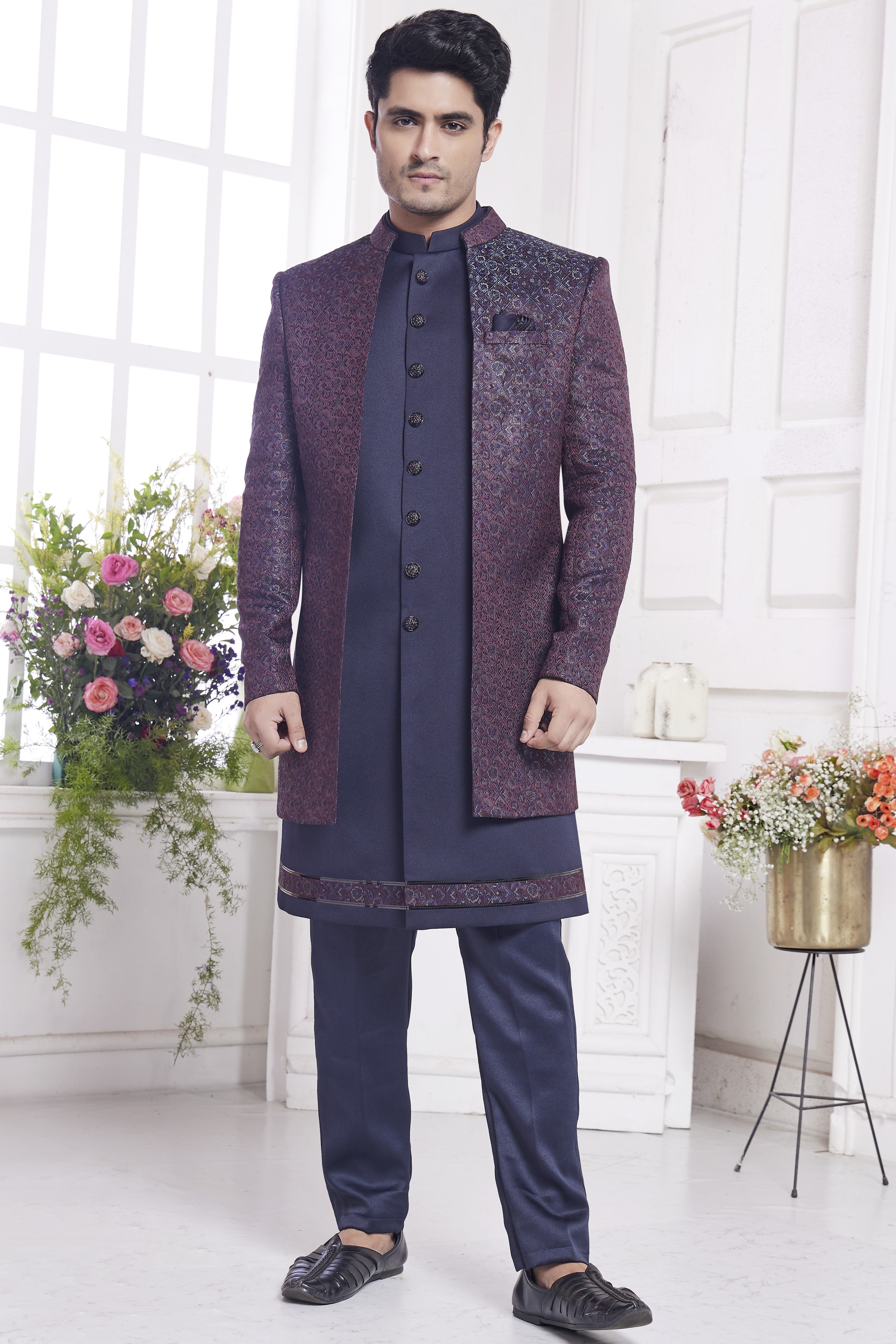 Burgundy Jacquard Silk Indo Western Traditional Sherwani Kurta with Jacket & Pant for Men for Wedding - Embroidery Work